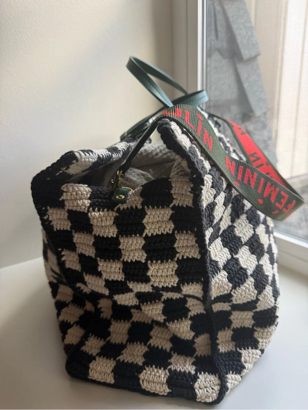Clare V. Woven Checkerboard Tote with Red Logo Strap and Green Handles